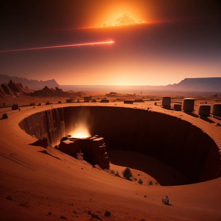 una base extraterrestre (Muy detallado) con varios extractores de aire y chimeneas en medio de un desierto montañoso, Algunos focos salen de la base para iluminar el lugar oscuro., (noche extrema), Algunas nubes en el cielo nocturno, Algunos planetas alrededor dan aire a un planeta desconocido.