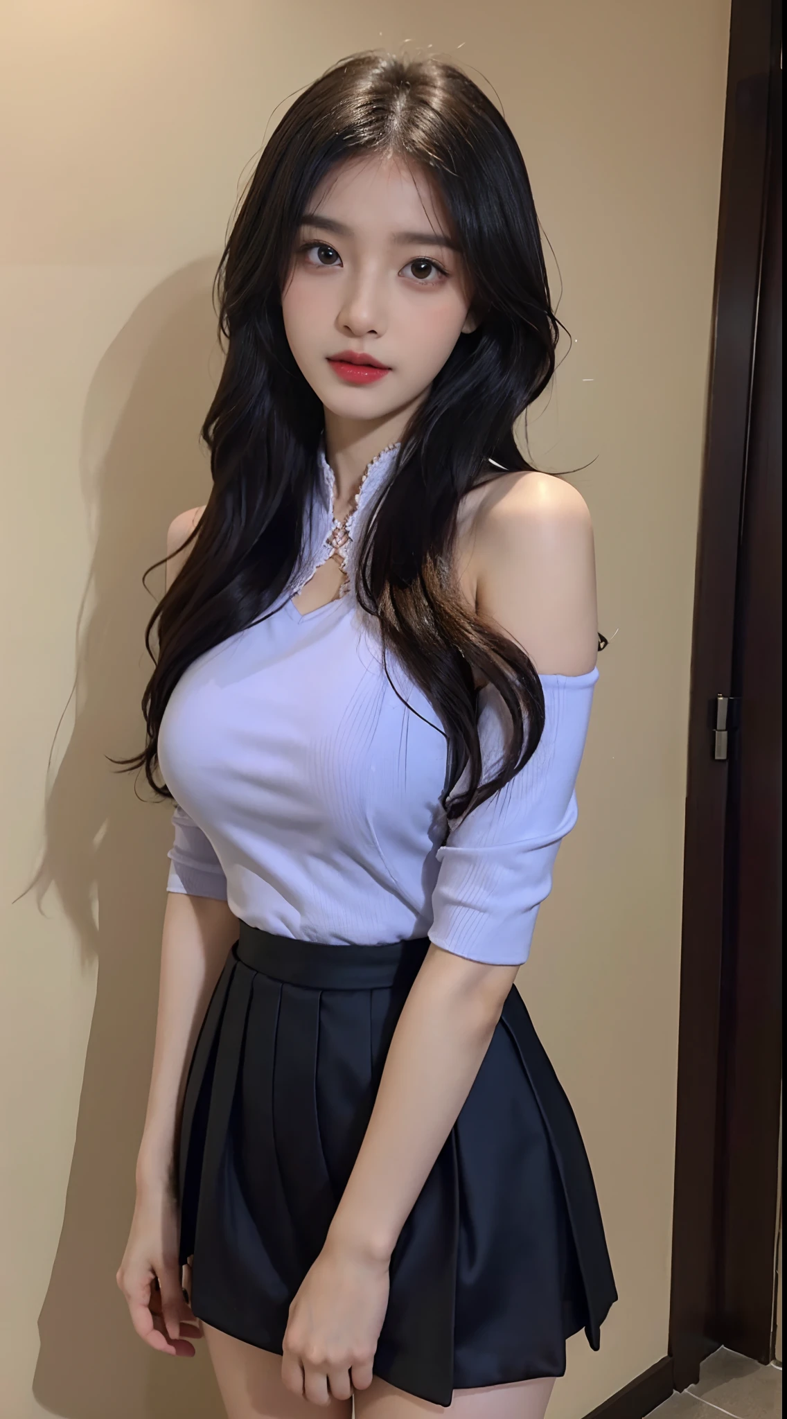 A perfect young female white-collar worker，Chinese big breasts，High picture  quality，Works of masters，Black hair，Long hair shawl，Long hair flowing over  the shoulders，Beach wave hairstyle，cropped shoulders，clavicle，exquisite face ，Hydrated red