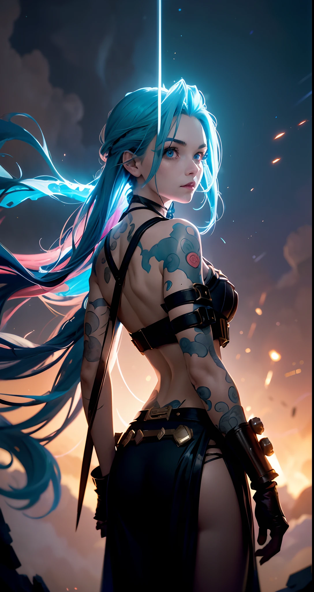 Jinx stole, super background, tmasterpiece, higly detailed, Glow Blue Eyes, Epicness, grenade, Epic backstory, A masterpiece of explosions, Персонаж игры Кейтлин League of Legends,higly detailed, Scene in motion, madness, the wind, Explosions of the best quality, filmstill, 1 Jinx, Jinx from the clouds, soaring in the sky, a closeup of a, The vibrant, a happy, warm soft lighting, Sundown, (sparks: 0,7)