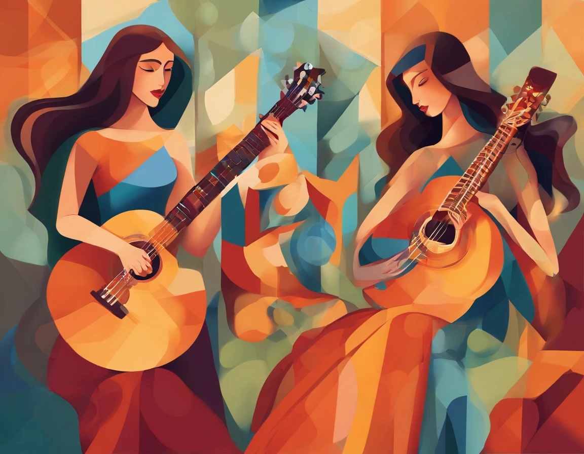 Pintura de duas mulheres tocando violão e cantando em uma sala colorida -  SeaArt AI