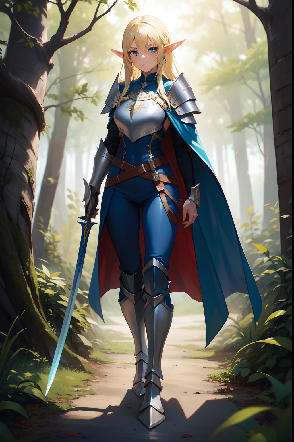 A woman in a blue and red outfit holding a sword - SeaArt AI