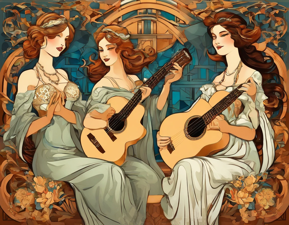 Duas mulheres com guitarras sentadas em um banco em frente a um espelho -  SeaArt AI