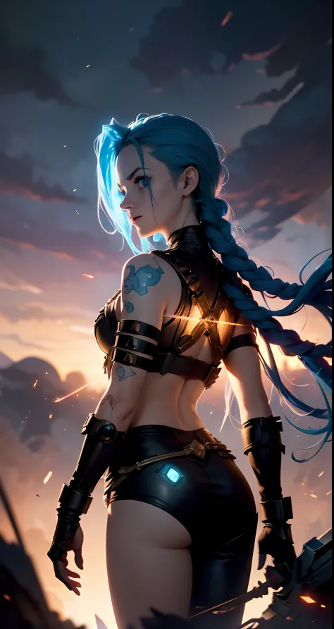 Jinx, In the hands of the armor of the mordecizer. Space Marine Costume Super Background, tmasterpiece, higly detailed, Glow Blue Eyes, Epicness, grenade, Epic backstory, A masterpiece of explosions, Персонаж игры Кейтлин League of Legends,higly detailed, ...
