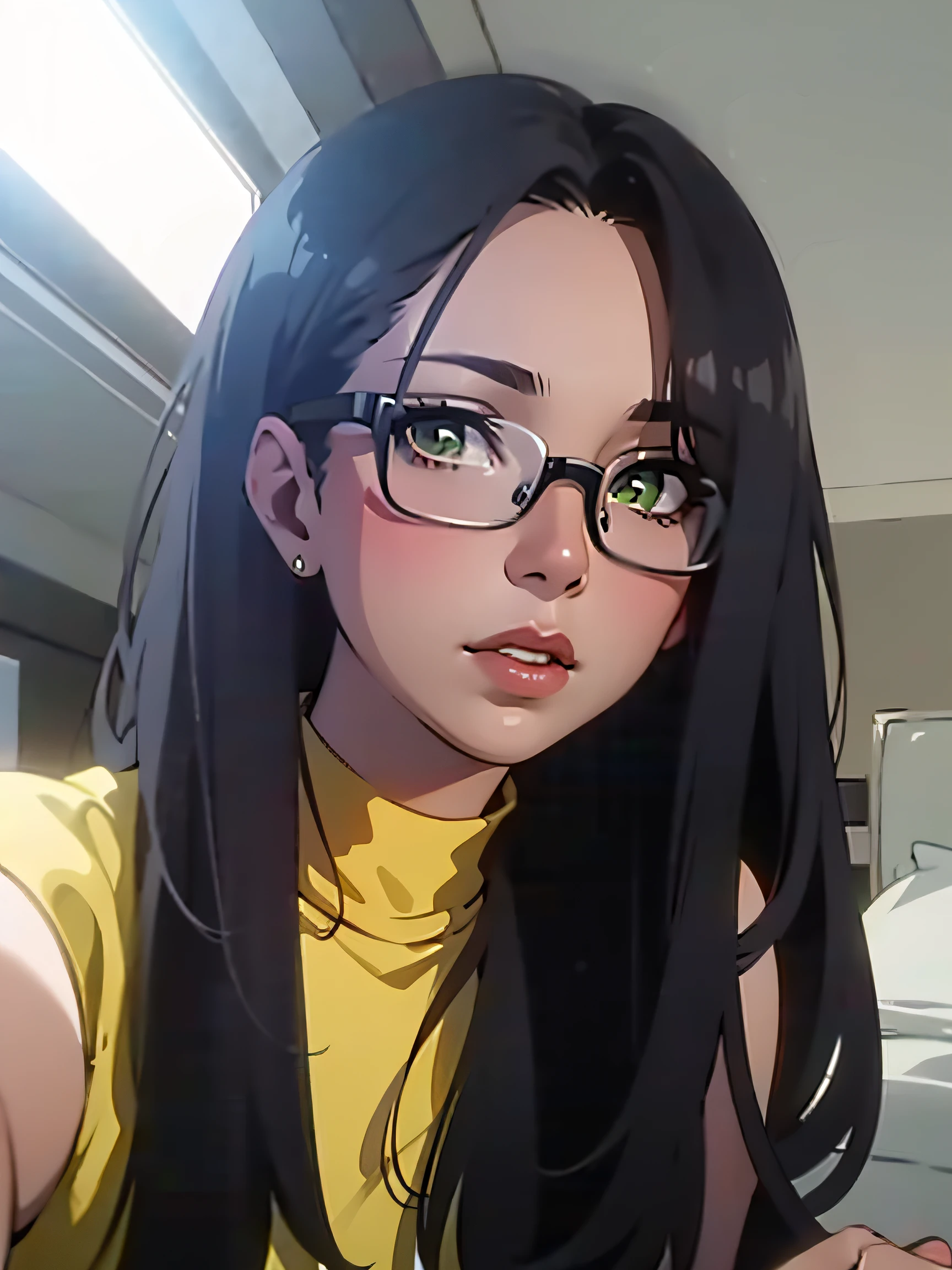 Anime girl with glasses and yellow shirt looking at camera - SeaArt AI