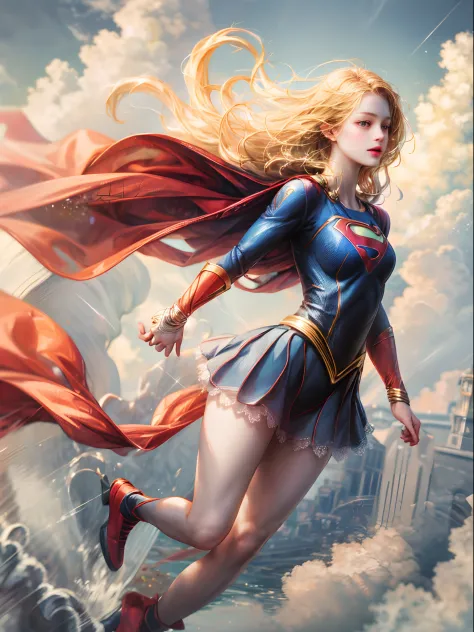 (best quality,absurdres,highres,ultra detailed:1.2),1girl,solo,very long blonde hair,supergirl:1.10,cloud,flying:1.4,illustratio...