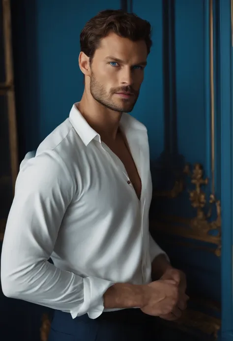 Un hombre con camisa blanca y pantalón azul posando para una foto. - SeaArt  AI