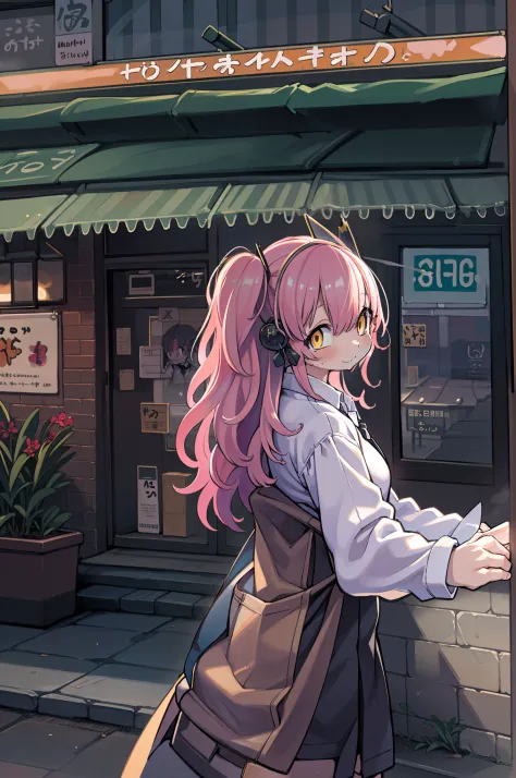 1girl in, long pink hair, red horns, white collared shirt, black necktie, lightsmile, yellow eyes, corneo_power,, buildings,shop...