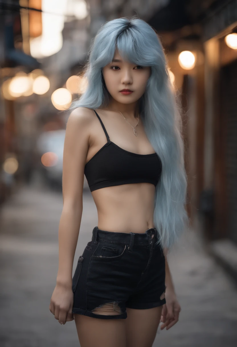 A woman with blue hair and black shorts standing on a street - SeaArt AI