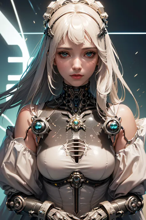 Wears complex bioluminescent mechanical cyborg armor made of 1mechanical_girl (old plastic in white beige), ((Ultra-realistic de...