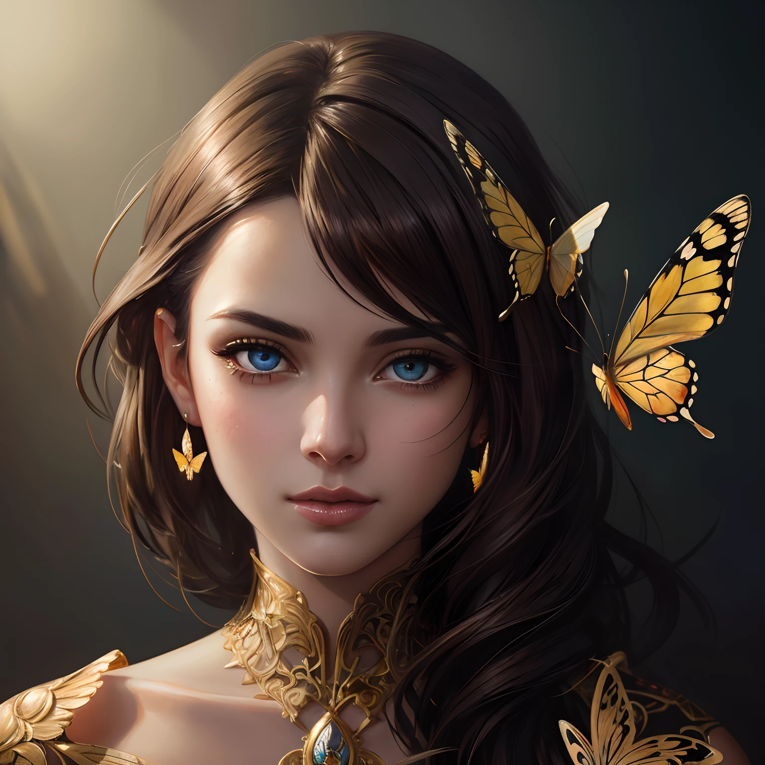 8k portrait of beautiful cyborg with brown hair, intricate, elegant, highly detailed, majestic, digital photography, art by artgerm and ruan jia and greg rutkowski surreal painting gold butterfly filigree, broken glasasterpiece, sidelighting, finely detailed beautiful eyes: 1.2), hdr,