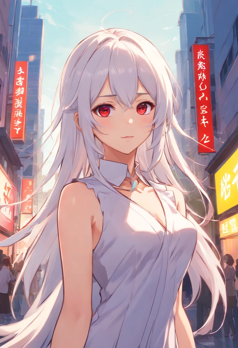 best qualtiy，Ultra-high resolution，1girl，Female clergy，Clergy dress，adolable，（Kpop idol），（aegyo sal：1），（long  white hair：1），（（Red eyes）），It looks like in front of the audience，full bodyesbian，facing the front there，highly detailed exquisite fanart, Great character desigtomy correct，highly detailed character，Stiletto heels，Bare legs