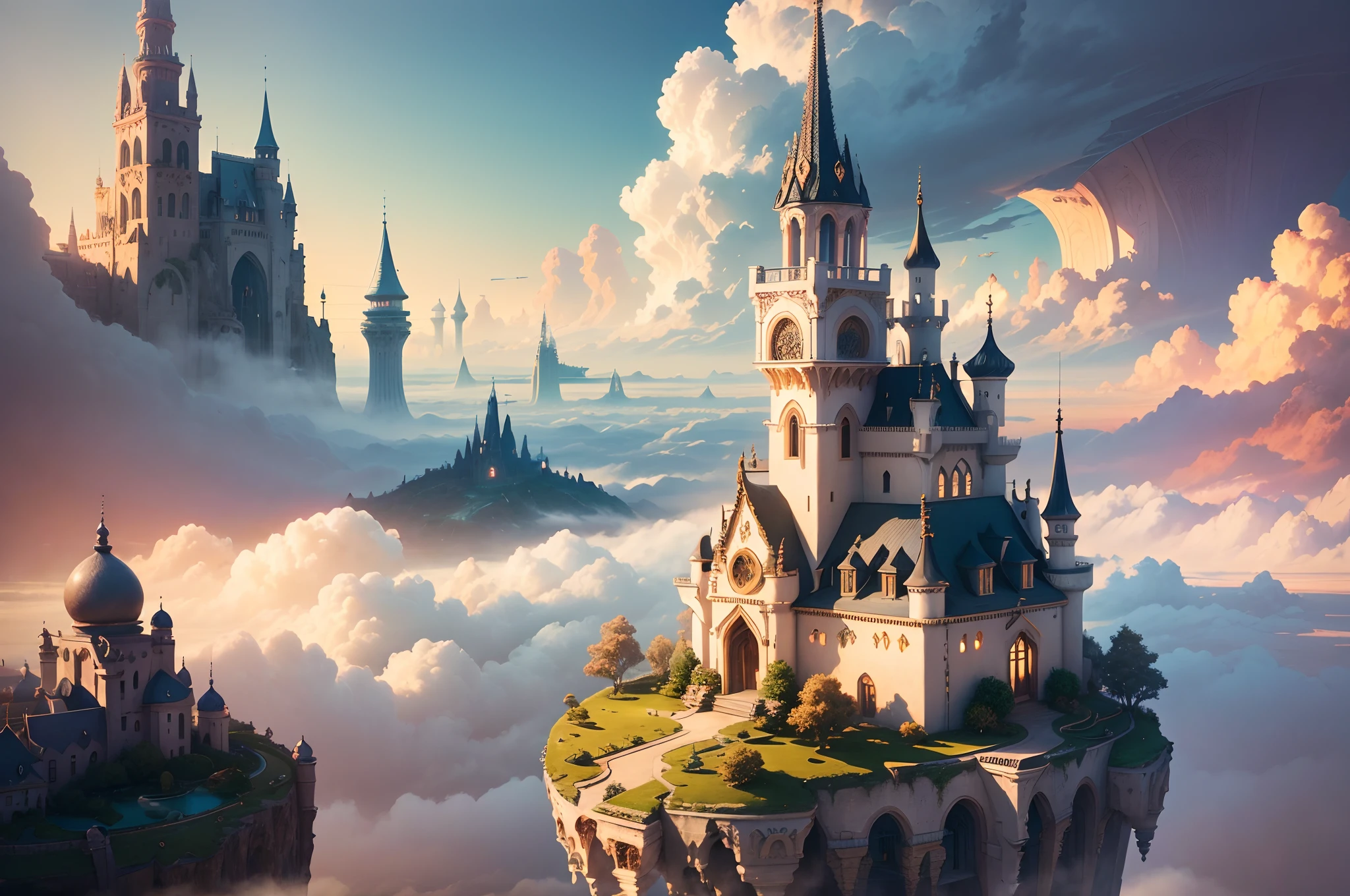 A town floating in the clouds, surreal atmosphere, dreamlike scenery ...