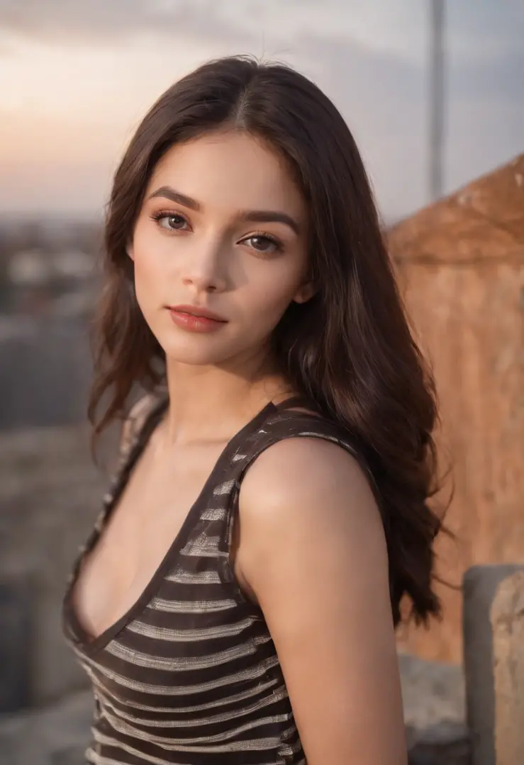 light skinned, Women around 19 years old, Natural black hair, 　characteristic dark brown eyes,, Wearing a striped jersey, slender and graceful,,, Beautiful, Sunset sky, Ultra Sharp Focus, realistic shot, Stripe Jersey、a black skirt、Tetradic color、
On the r...