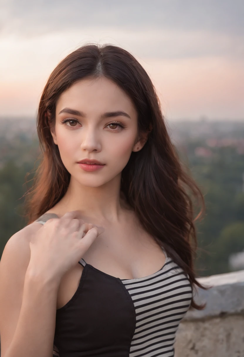 light skinned, Women around 19 years old, Natural black hair, 　characteristic dark brown eyes,, Wearing a striped jersey, slender and graceful,,, Beautiful, Sunset sky, Ultra Sharp Focus, realistic shot, Stripe Jersey、a black skirt、Tetradic color、
On the rooftop,plein air,Concrete floors,
dusty,dirty,Messy,Unclean,(fall),Broken,(Mesh Fence:1.2),cloudy,skyporn,cloud,evening,Twilight,Dusk,