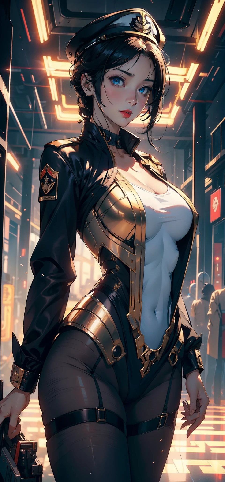 1female，35yo，plumw，extremely large bosom， solo，（Background with：Huge machinery，droid，aerodrome，Planes，Huge mechanical armor，） She has very short black hair，bobo head，Stand on the plane，，seen from the front， hair straight， mostly cloudy sky，（（（tmasterpiece），（Very detailed CG unity 8K wallpaper），best qualtiy，cinmatic lighting，detailed back ground，beatiful detailed eyes，Bright pupils，blue eyes，Snow-whiteskin，Redlip（Very fine and beautiful），（Beautiful and detailed eye description），ultra - detailed，tmasterpiece，））facing at camera，A high resolution，ultra - detailed），revealing breasts，Bare genitals，  Bulge，legs are open，Raised sexy，Camel toes，Flushed complexion，Desire for dissatisfaction，frontage，British Air Force，Aviator，Officer's cap（Wearing：blazer jacket，tailcoat，White color blouse，a black bowtie，Black pantyhose，Gold wire embroidery，Armour，Bare breasts）cyber punk style