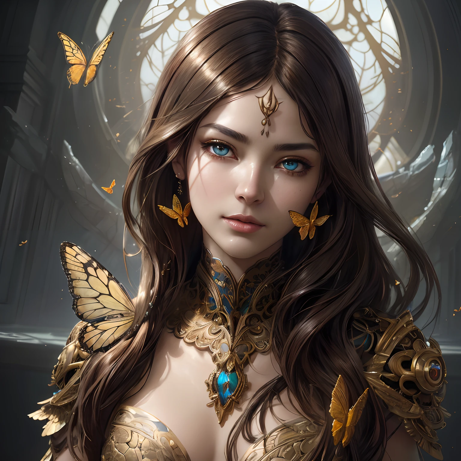 8k portrait of beautiful cyborg with brown hair, intricate, elegant, highly detailed, majestic, digital photography, art by artgerm and ruan jia and greg rutkowski surreal painting gold butterfly filigree, broken glasasterpiece, sidelighting, finely detailed beautiful eyes: 1.2), hdr,