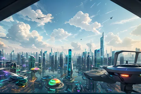 (futuristic city in the clouds, flying cars: 1.4), technologically advanced buildings, bustling streets, futuristic transportati...
