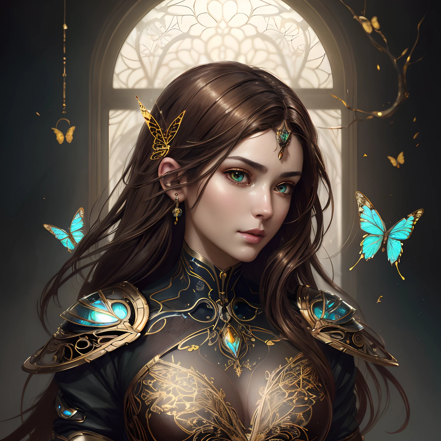 8k portrait of beautiful cyborg with brown hair, intricate, elegant, highly detailed, majestic, digital photography, art by artgerm and ruan jia and greg rutkowski surreal painting gold butterfly filigree, broken glass, (masterpiece, sidelighting, finely detailed beautiful eyes: 1.2), hdr,
