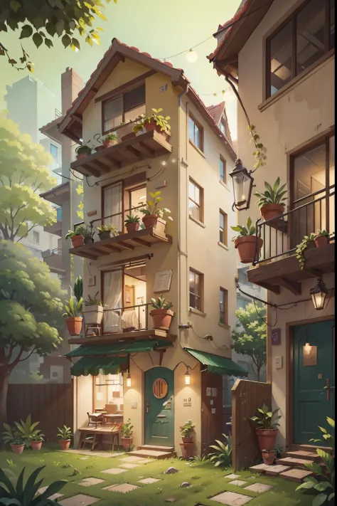 House exterior with a bar on the ground floor, apartment above, bright and with a lot of greenery, packed in between two other buildings, big windows, busy pedestrian only street
