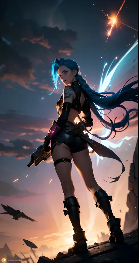 Jinx, in the hands of a weapon. Space Marine Costume Super Background, tmasterpiece, higly detailed, Glow Blue Eyes, Epicness, grenade, Epic backstory, A masterpiece of explosions, Персонаж игры Кейтлин League of Legends,higly detailed, Scene in motion, ma...