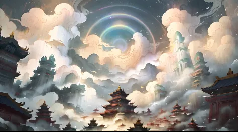 A style of painting a temple with a rainbow in the sky, ross tran. scenery background, Chinese painting style, G Liulian art sty...