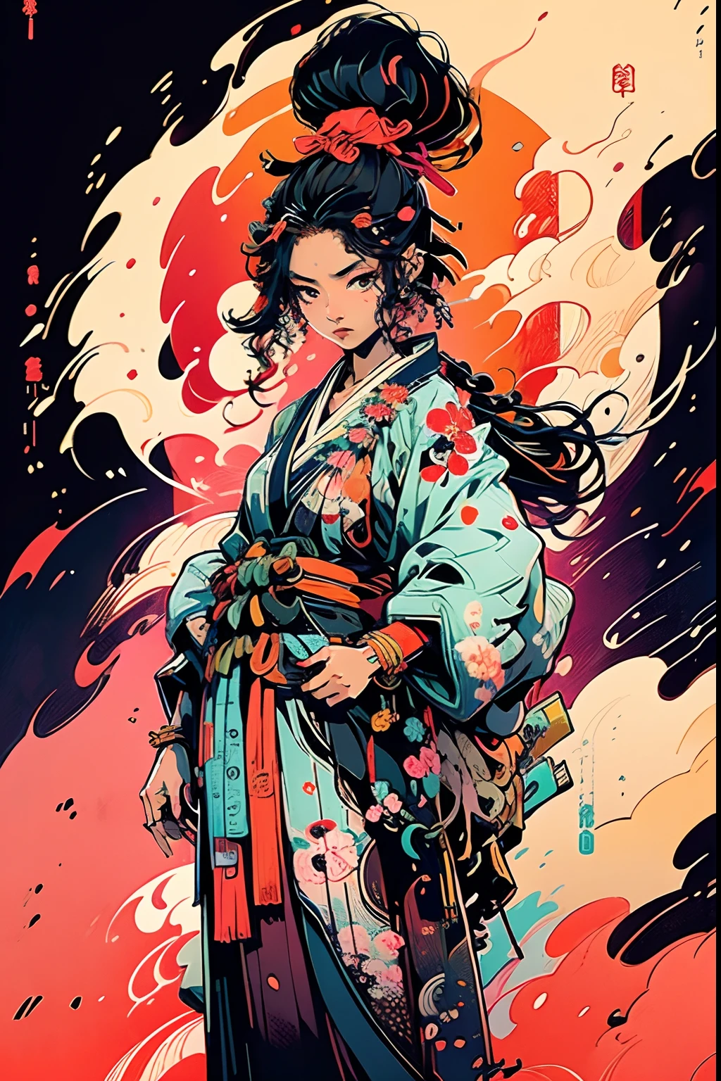 It is a full-body painting with natural colors with Katsushika Hokusai-style line drawings.。Kengo、1、Japan Female Samurai。Rin々With a look of determination,、Black long hair and ponytail、The upper body is covered with a red kimono.、Hakama is knee-long。Holding a Japan sword in both hands。I'm trying to cut from above my head with my arms raised above my head。With the highest quality、Amid the swirling flames of masterpiece's high-resolution ukiyo-e style。beautiful countenance、beautidful eyes、detail portrayal、