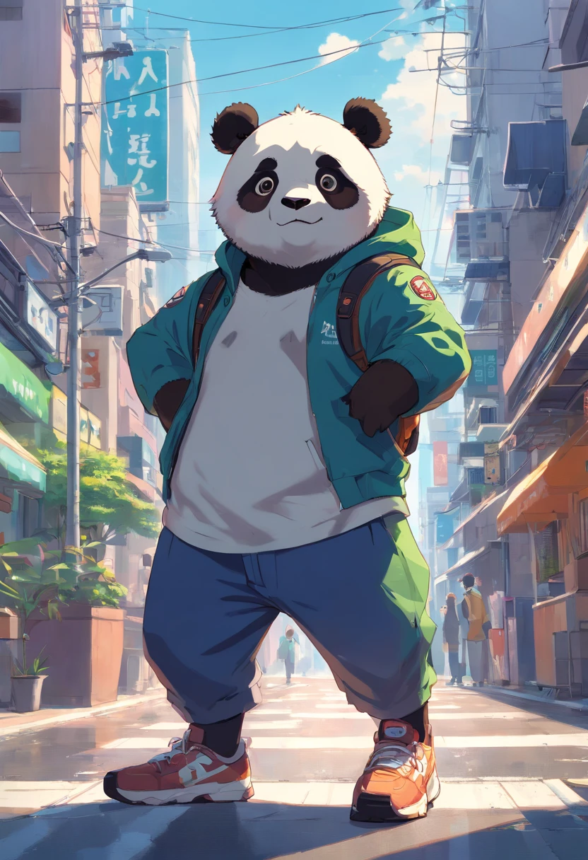 ((foto crua)), ((obra-prima)), Anthropomorphic humanoid panda wearing street clothes, andando entre as pessoas, detalhe intrincado, intricate Greebles pieces, city behind, sneaker, corpo musculoso, muscular arms, small head, Ogro monstruoso, Titan, soft-lighting, Hiper realista