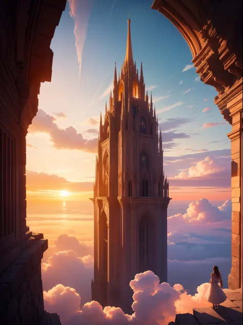 palace in the clouds, ethereal sunset, vibrant hues, majestic architecture, grand and glowing, dreamy atmosphere, otherworldly b...