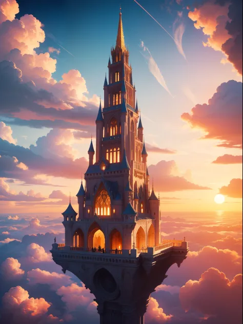 palace in the clouds, ethereal sunset, vibrant hues, majestic architecture, grand and glowing, dreamy atmosphere, otherworldly b...