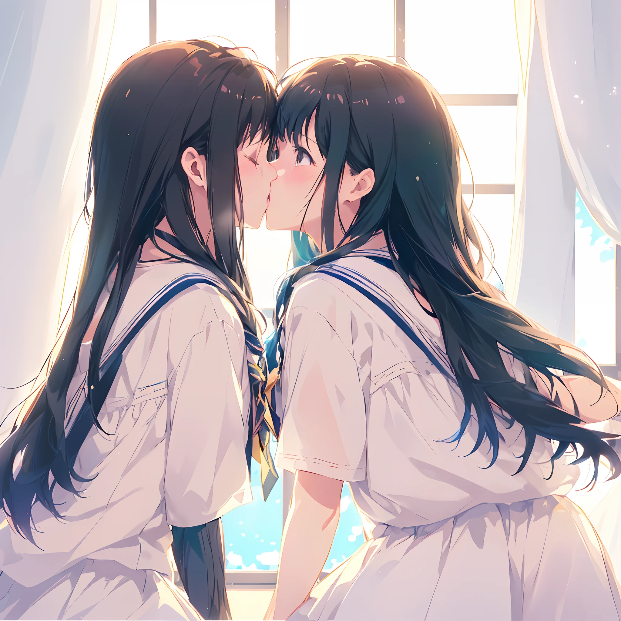 Imagen anime de dos chicas besándose frente a una ventana - SeaArt AI