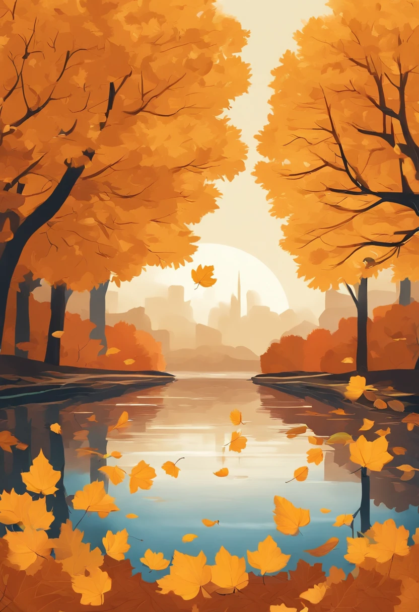 Flat illustration style，Solar equinox，A leaf falls on the surface of the water，Ginkgo trees in autumn，Non-realistic，Business posters