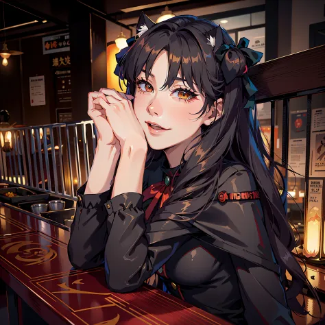 there is a woman with long hair sitting at a table, rin tohsaka, ulzzang, ruan cute vtuber, anime thai girl, ig model | artgerm,...