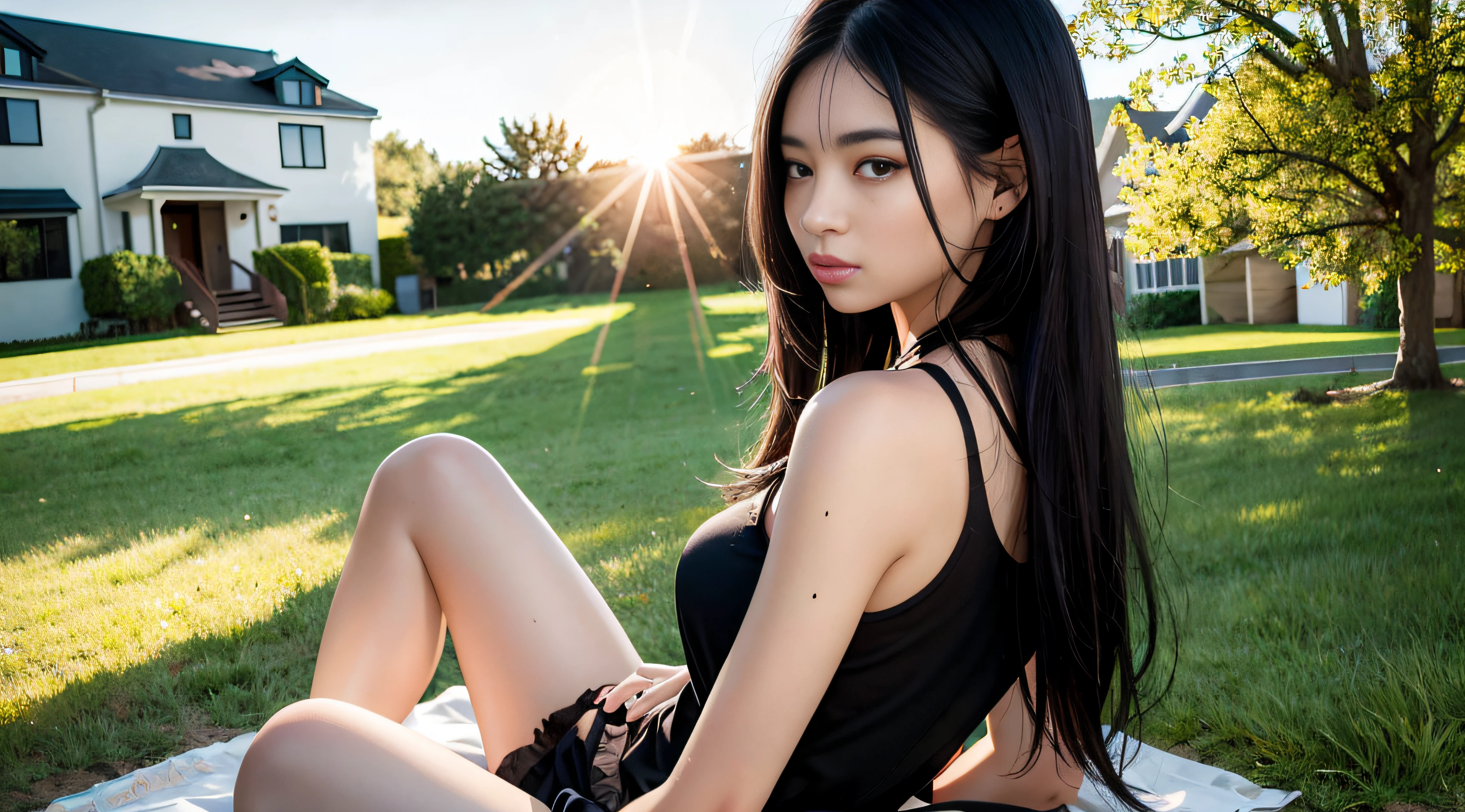 best quality, masterpiece, girl, black hair, black eyes, house, sun shining, shiny skin, sun flare