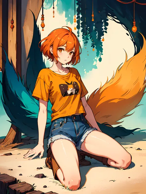 poster artwork, 1girl, kitsune, short orange hair, greenish shirt, blue denim shorts, brown boots, forest