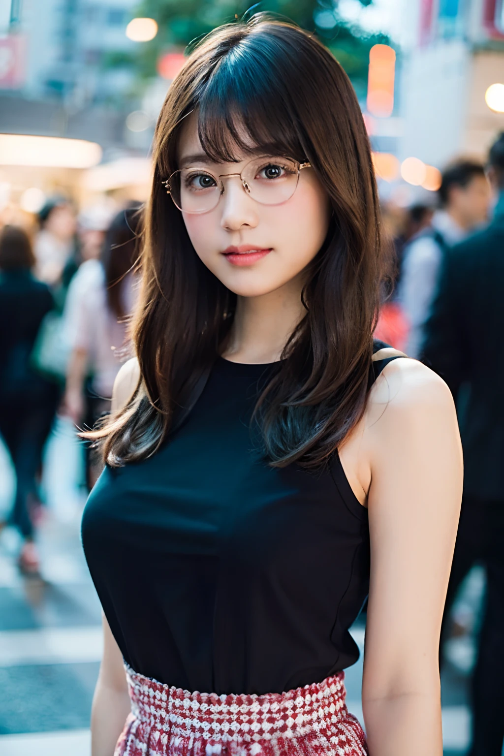 (8K、Raw photography、top-quality、​masterpiece:1.2)、(realisitic、Photorealsitic:1.37)、ultra-detailliert、超A high resolution、女の子1人、see the beholder、beautifull detailed face、A smile with a little visible teeth、Constriction、(Slim waist) :1.3)、((Cute clothes))、pastel clothing、Beautiful detailed skin、Skin Texture、Floating hair、((fluffy hairstyle))、large breasts with good shape、Professional Lighting、Autumn noon、Shopping street in front of the station、((Red-rimmed square glasses))、Whole human body、Black hair、((Shameful appearance))、Pay attention to your audience、