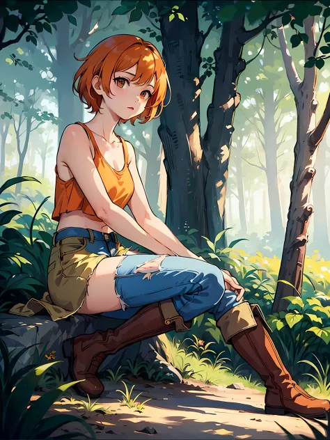poster artwork, masterpiece, 1girl, short orange hair, greenish top, blue denim shorts, brown boots, forest in the background, a...
