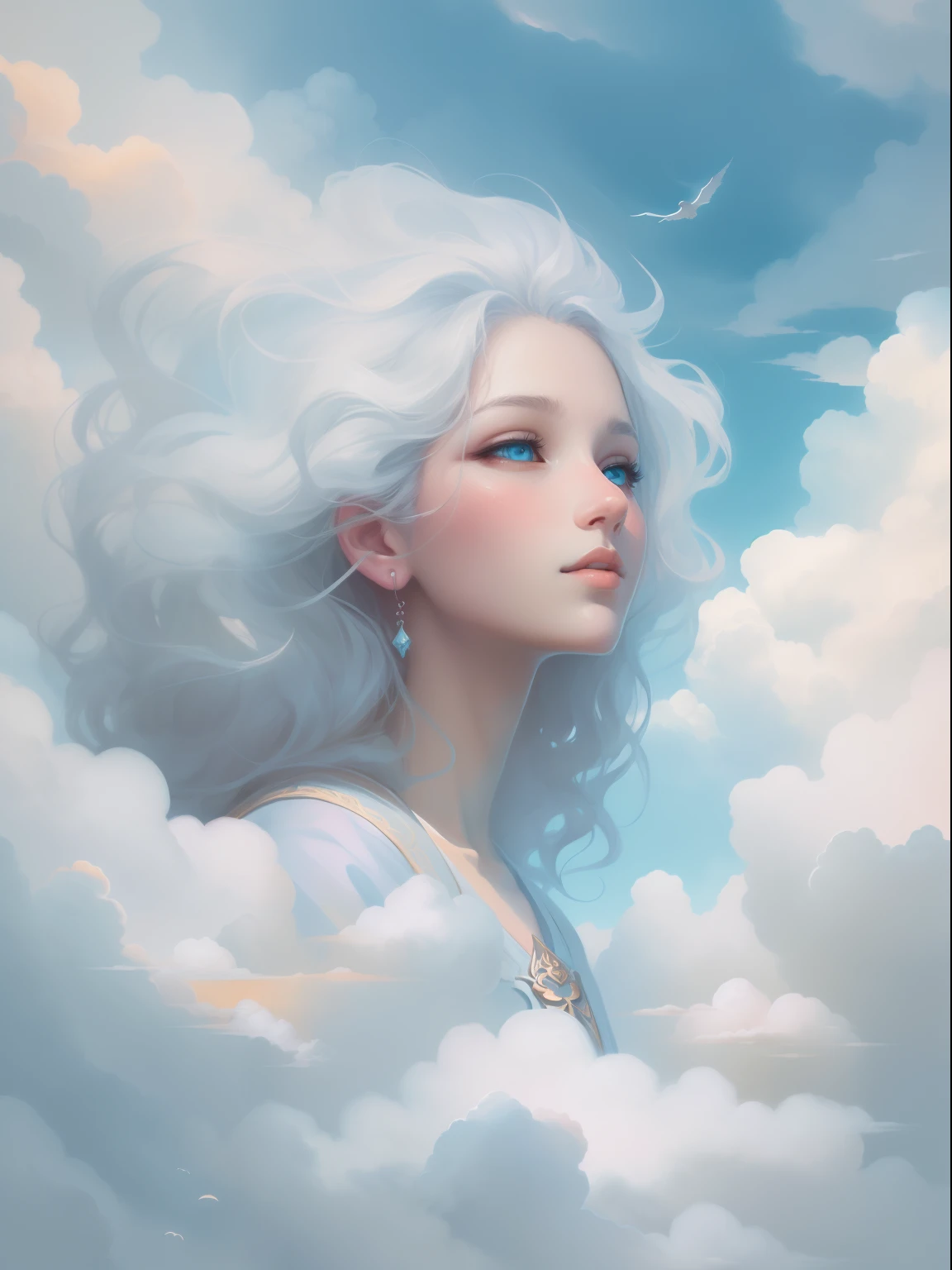 A beautiful artwork illustration, beautiful fantasy art portrait，Girl in the clouds in the sky，sitted，Beautiful facial features，pale blue color eyes，((Reach out and touch the clouds，))Fluffy clouds，Guviz-style artwork, White cloud hair, Beautiful digital illustration, fantasy art portrait, Clouds. fantasy, guweiz masterpiece, Cloud hair