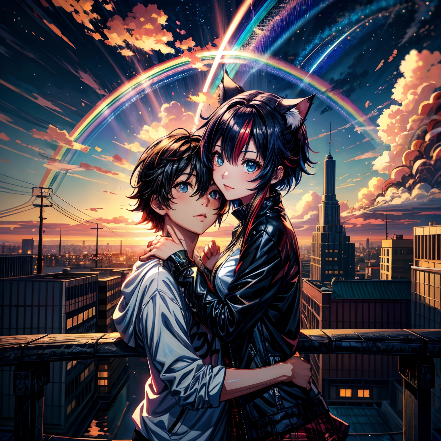 Two anime characters hugging on a balcony with a rainbow in the background  - SeaArt AI