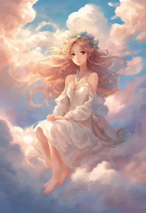 Anime girl sitting on a cloud in the sky, girl clouds, sitting in a fluffy cloud, Anime Cloud, beautifull puffy clouds. anime big breast, cloud goddess, upon the clouds, on cloud, beautiful cloud, Clouds. fantasy, Among the clouds, in a cloud, Anime Sky, c...