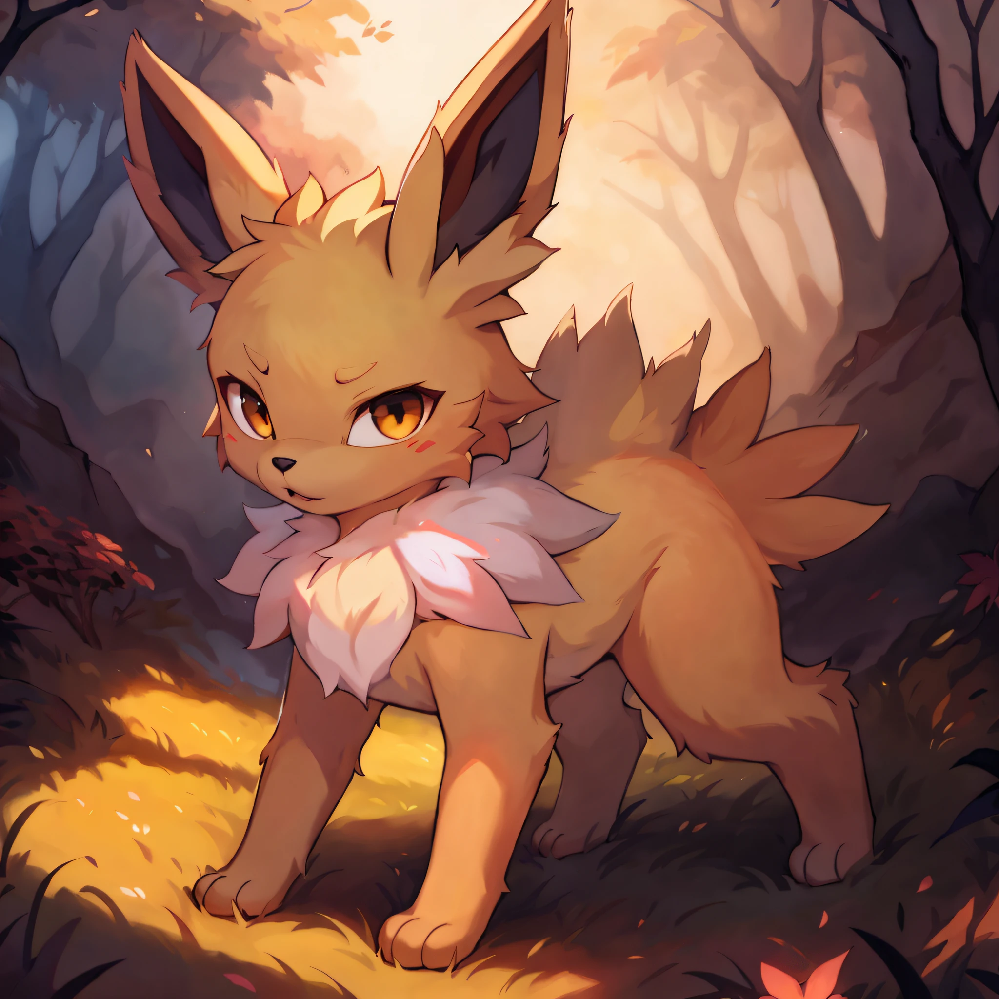 Anime - style illustration of a furry cat in the forest, Eevee, portrait of zeraora, Detailed fanart, pokemon art style, illustration pokemon, three - tailed fox, very very beautiful furry art, pikachu in a forest, art of silverfox, Cute detailed digital art, melting into jolteon, zerochan art, pikachu in a forest, 🍂 Cute