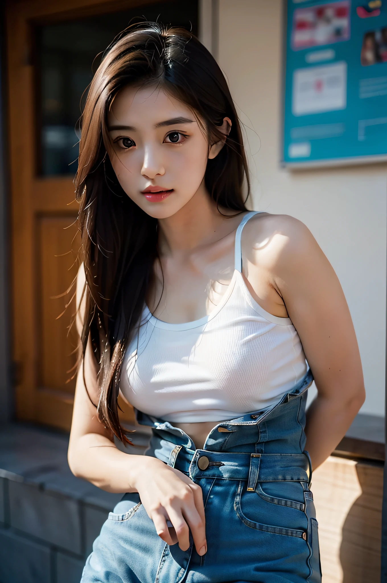 （Lifelike， A high resolution：1.3）， 1 girl with a perfect body， Super fine face and eyes，long whitr hair， Tank top of random colors：1.2， short jeans pants， Bigboobs，