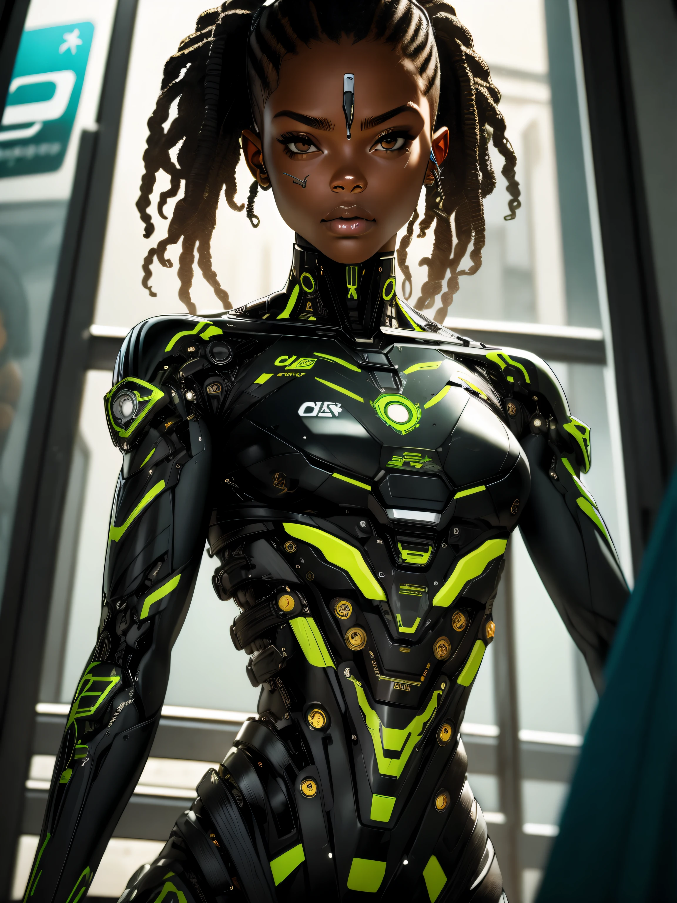 (Masterpiece artwork, best qualityer), 1girl, shiny shoulder length hair, AA size breasts, demonstrating lack of gag reflex, light green lace thong with strappy back design., blackw, africana, Wakandan Lora:cyborg_style_xl-alpha:1.0> cyborg, neon hair, eyeballs detaildeds, android, mind_hack, officer, handsome and aesthetic, brain modification, fullcolor, detailded, real, brutalist, real, from sideways, dystopian tone, (1 mechanical girl), 独奏, machine-made joints, machanical limbs, Blood Vessels Attached to Tubes, (mechanical vertebra fixed to the back), fund_Complex, eyeballs_Dynamic