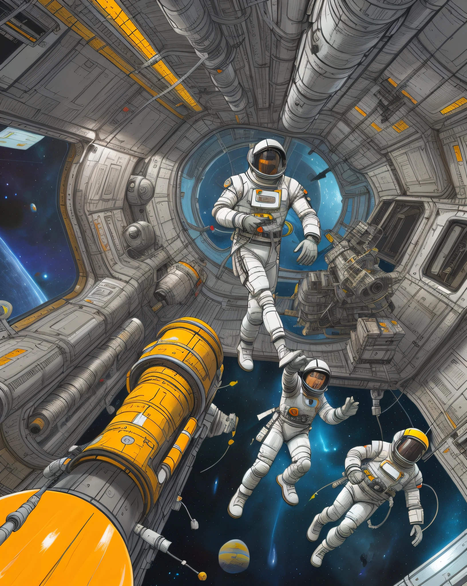 Astronaute dans l&#39;espace avec station spatiale , illustrations de jeux mobiles, scène de sortie dans l&#39;espace, sortie dans l&#39;espace, art graphique spatial en arrière-plan, illustration numérique en couleur, voyager dans l&#39;espace, Illustration numérique détaillée, illustration commerciale, Dans l&#39;espace, illustration sci-fi, peinture d&#39;un：Robot Jones, fond de jeu mobile, style artistique de grande technologie, L&#39;astronaute