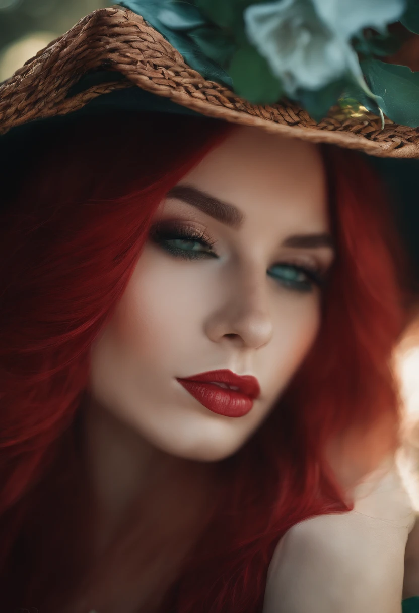 A close up of a woman with red hair wearing a hat - SeaArt AI