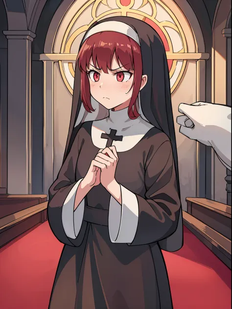 (One teenage nun girl) The Dark Mantle. A nun in a cassock. with a golden cross on the chest. red-eyes. dark colored hair, frowning face. Against the backdrop of a gloomy church hall in the dark.