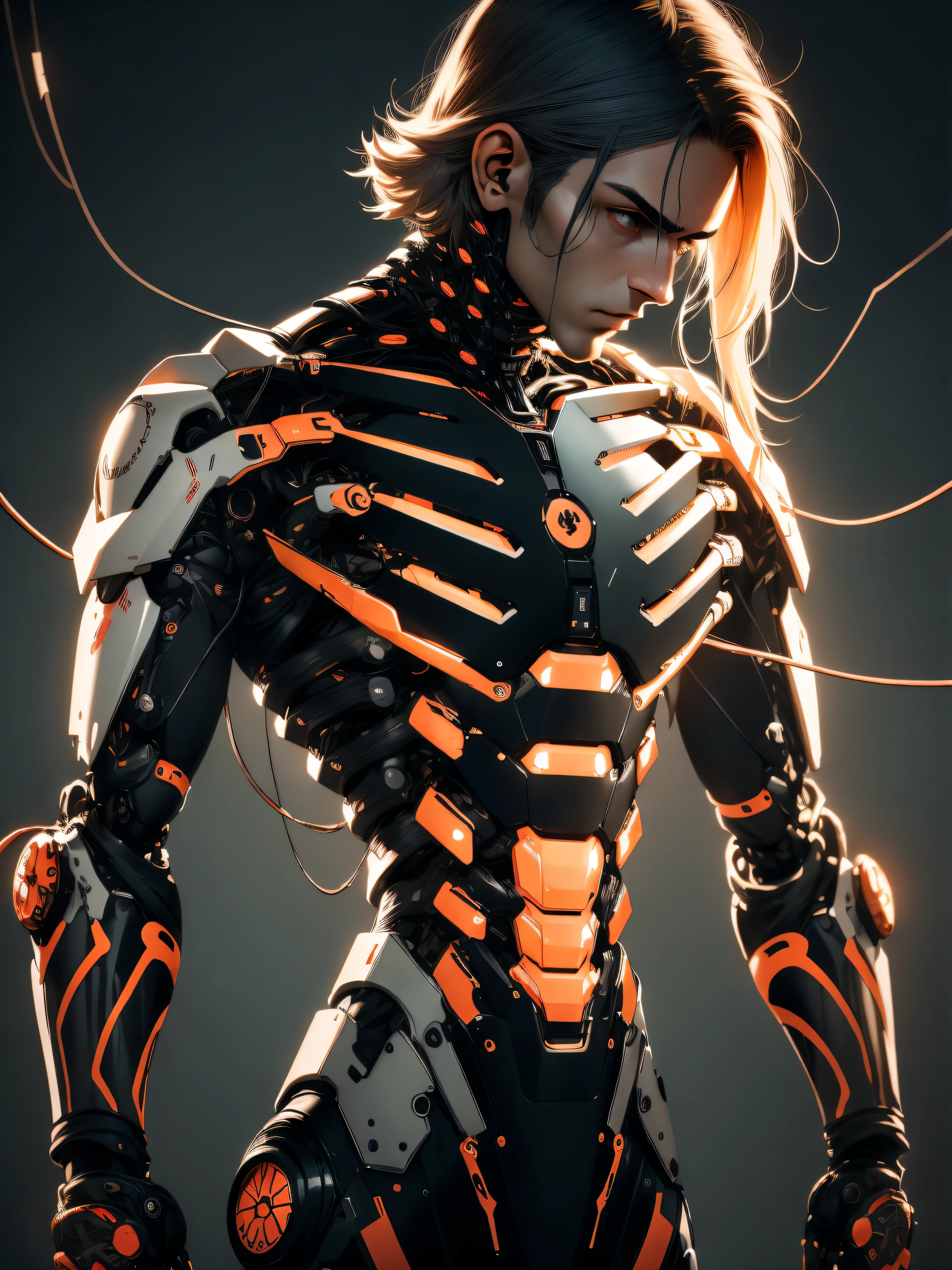 hair orange, detailedeyes, Masterpiece artwork, top-quality, best qualityer, officer, handsome and aesthetic, 1 men, extremely detaild, fullcolor, More Detailed, ultra detali, real, extremely brutal and majestic, from sideways, dystopian tone, (1 mechanical boy ),独奏,fully body,machine-made joints,machanical limbs,Blood Vessels Attached to Tubes,(mechanical vertebra fixed to the back),((mechanical servants fixed to the neck)),(sitting down),no expression,(wires and cables attached to necks),(wires and cables on the head)(character focus),science,(bloodstains),anger,addressing the humans who remain,