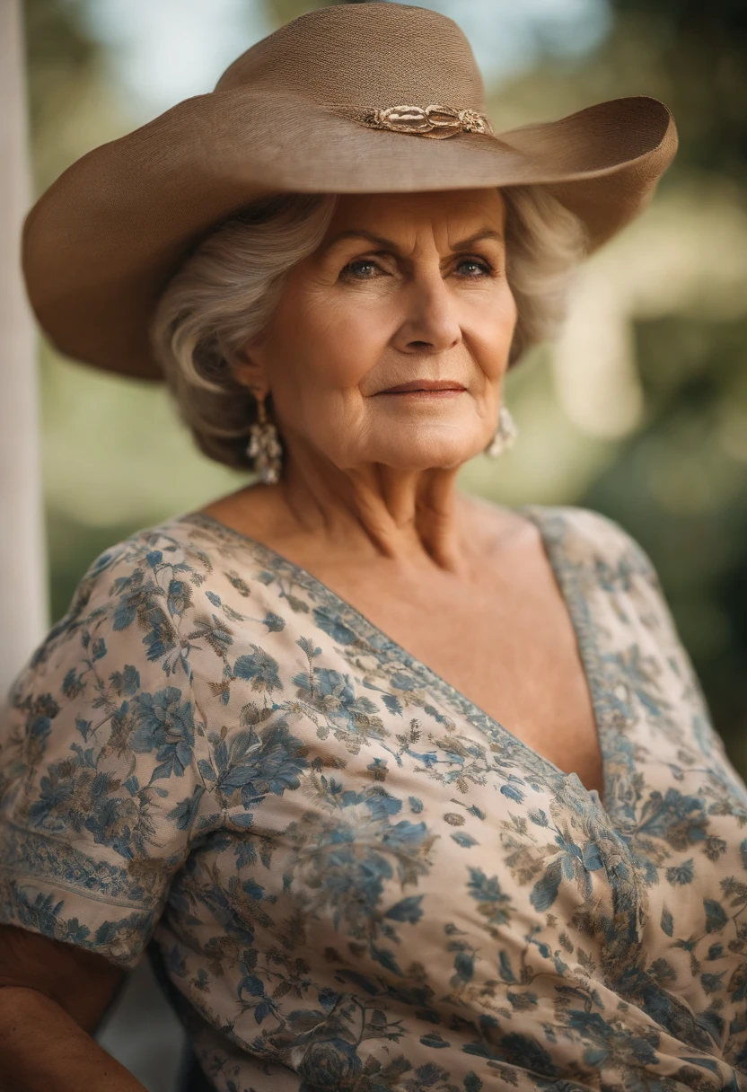 A close up of a woman wearing a hat and dress - SeaArt AI