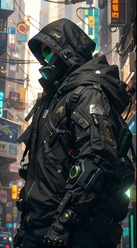 There was a man wearing black and green clothes and carrying a backpack, cyberpunk streetwear, cyberpunk suit, cyberpunk street goon, cyberpunk wearing, cyberpunk techwear, muted cyberpunk style, has cyberpunk style, cyber punk style, wearing cyberpunk str...