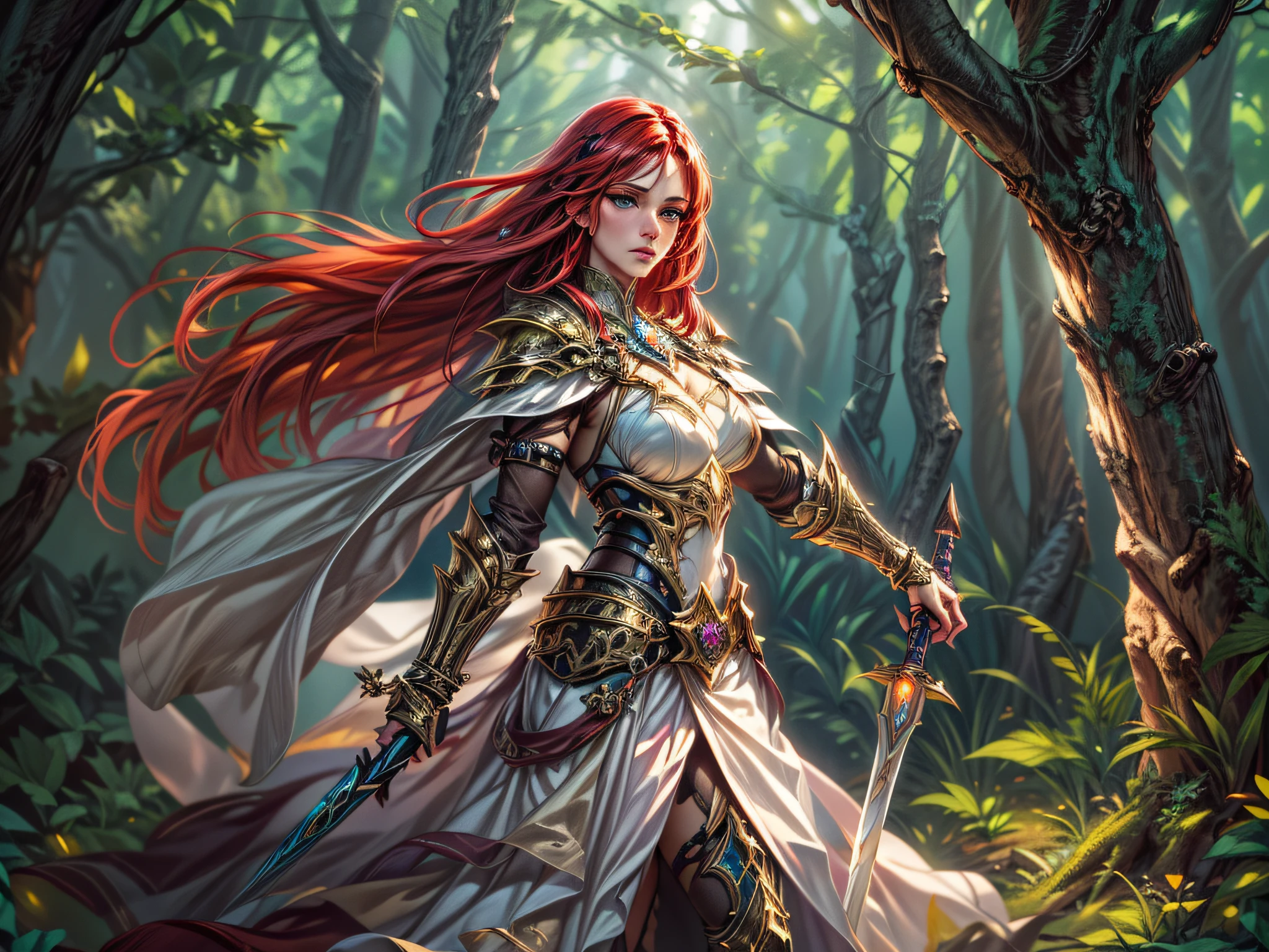 a picture of woman paladin of nature protecting the forest, controlling magical plants, tanjoreai, a woman holy knight, protector of nature, red hair, long hair, full body (best details, Masterpiece, best quality :1.5), ultra detailed face (best details, Masterpiece, best quality :1.5), ultra feminine (best details, Masterpiece, best quality :1.5), red hair, long hair, braided hair, pale skin, blue eyes, intense eyes, wearying heavy armor, white armor (best details, Masterpiece, best quality :1.5), green cloak, flowing cloak, armed with a sword, glowing sword fantasysword sword, fantasy forest background, D&D art, RPG art, fantasy art, magical atmosphere magic-fantasy-forest, ultra best realistic, best details, best quality, 16k, [ultra detailed], masterpiece, best quality, (extremely detailed), ultra wide shot, photorealistic, depth of field, hyper realistic painting, illustrated