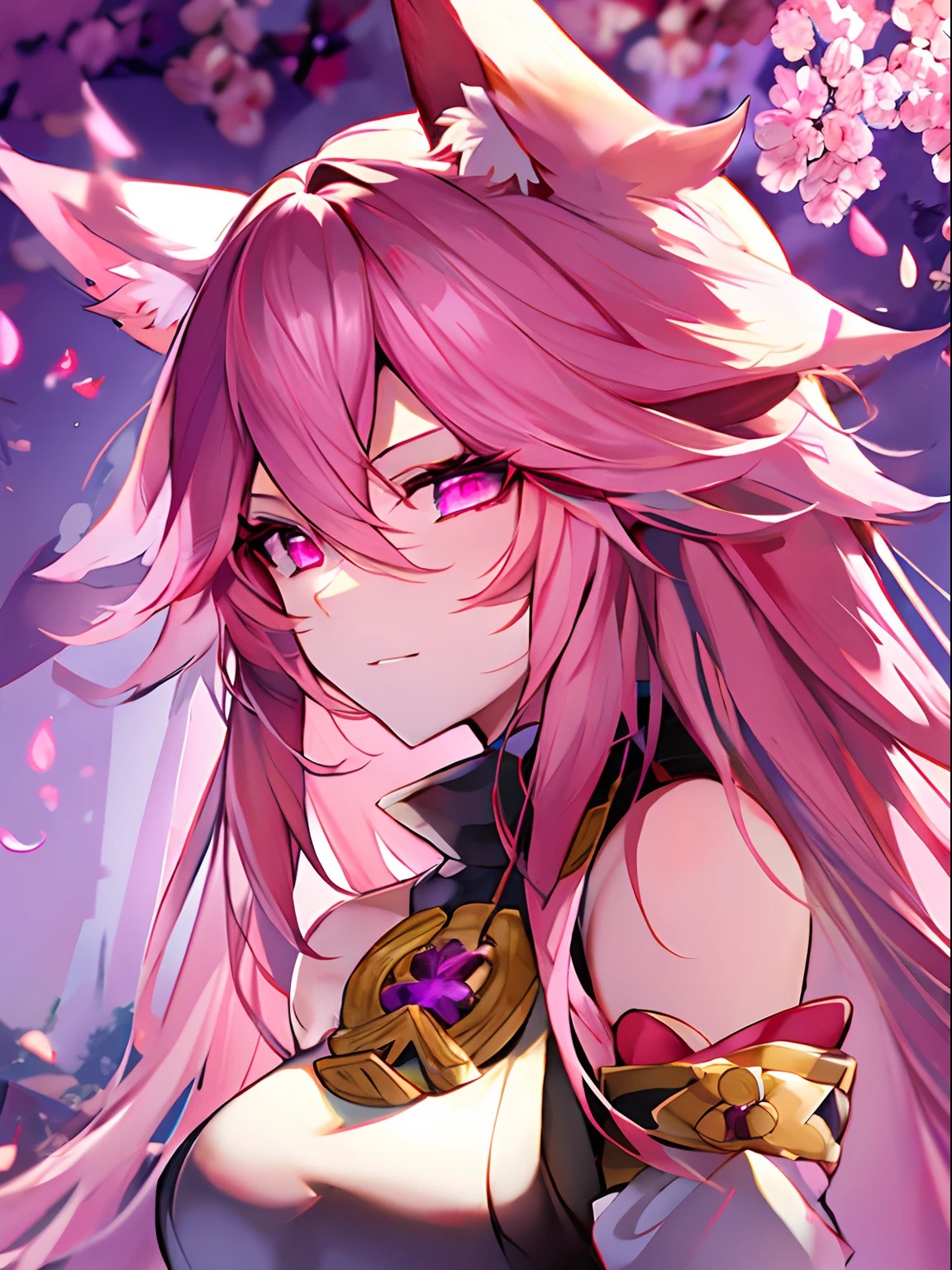 Top Quality, Beauty and Aesthetics, Very Detailed, Detailed Face and Eyes,anime, 1 Girl, Fox Ears, large , Tail,fox girl,longhair,hair color pink,pink eyes,wearing a kimeno,